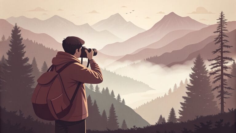 Ilustracja: podróżnik fotografujący aparatem zamgloną górską dolinę