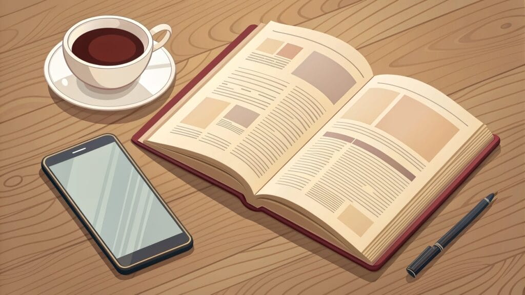 Ilustracja: papierowy przewodnik i smartfon obok filiżanki na drewnianym stole