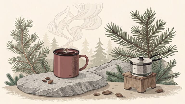 Ilustracja: parujący kubek turystyczny na kamieniu obok kuchenki, wokół gałązki sosny