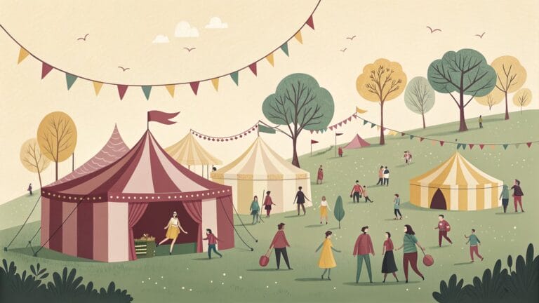 Ilustracja: festiwalowe namioty i chorągiewki na zielonej łące z uczestnikami