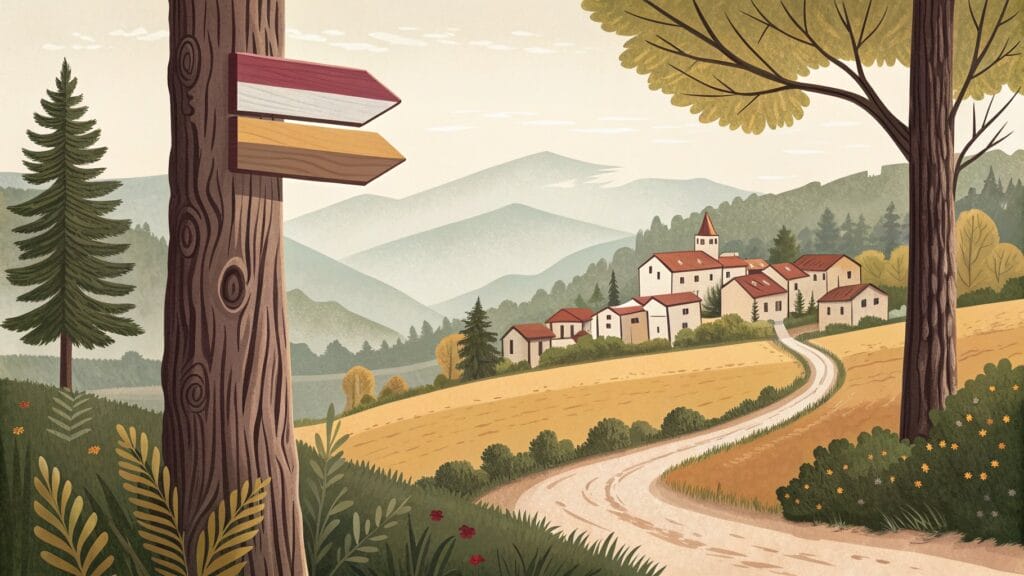 Ilustracja: drogowskaz szlaku na drzewie i ścieżka prowadząca do wsi w dolinie