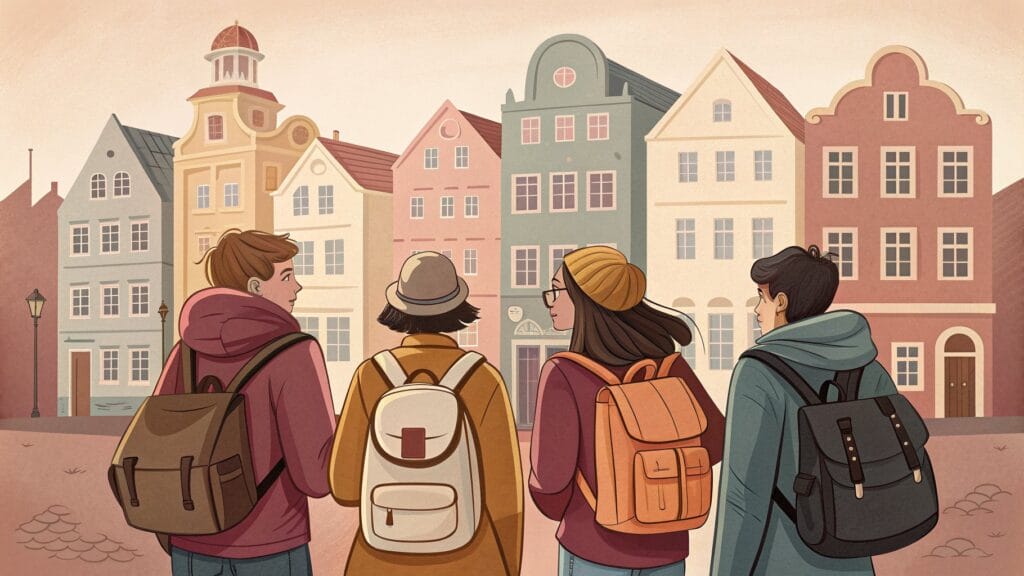 Ilustracja: grupa turystów z plecakami przed kolorowymi kamienicami starego miasta