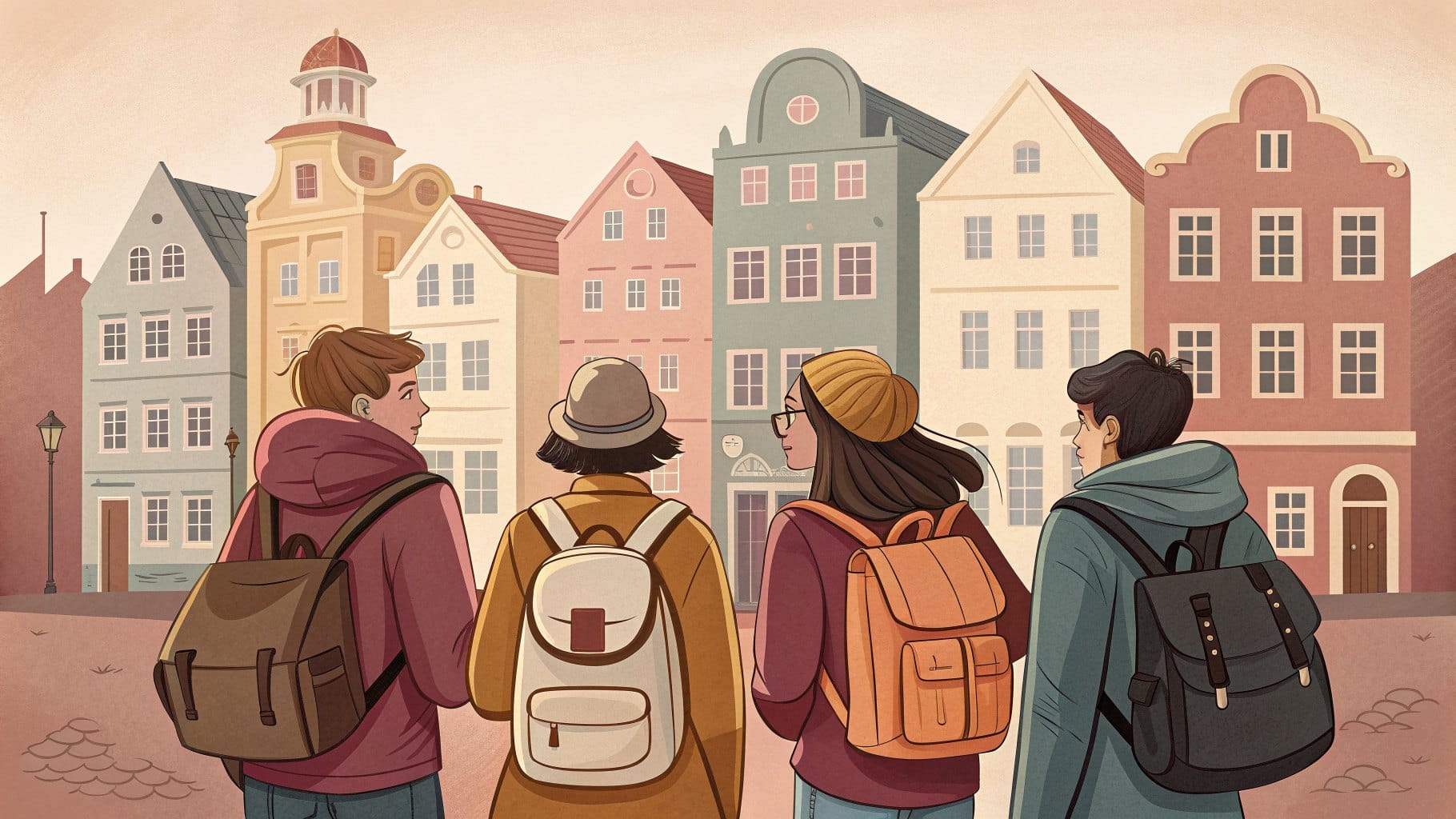 Ilustracja: grupa turystów z plecakami przed kolorowymi kamienicami starego miasta
