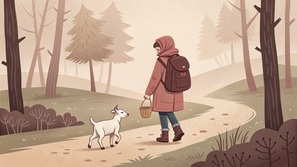 Ilustracja: dziecko z plecakiem na leśnej ścieżce, obok mała koza