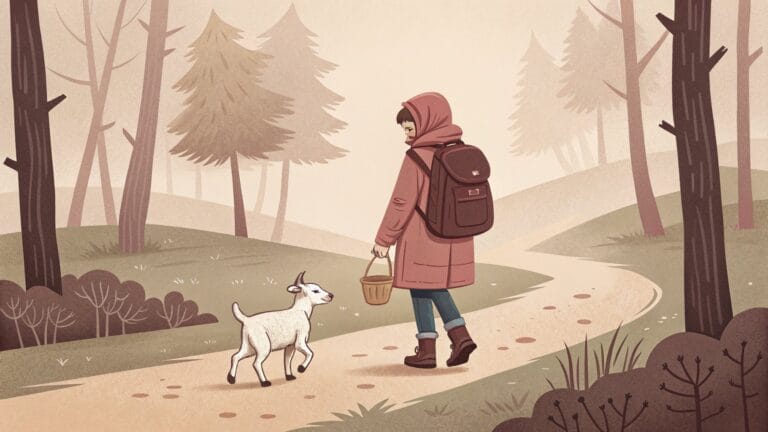 Ilustracja: dziecko z plecakiem na leśnej ścieżce, obok mała koza