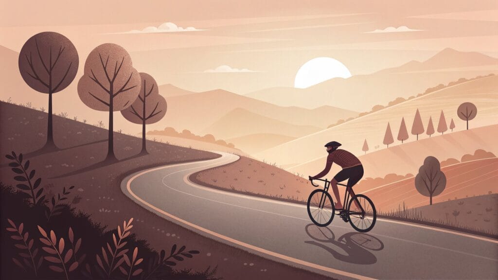 Ilustracja: samotny rowerzysta na krętej drodze wśród wzgórz o wschodzie słońca