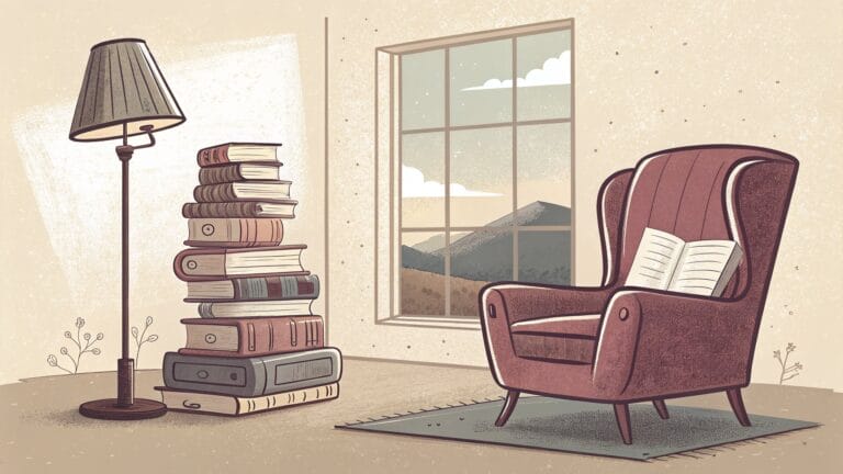 Ilustracja: stos książek podróżniczych, lampa i fotel przy oknie z widokiem na wzgórza