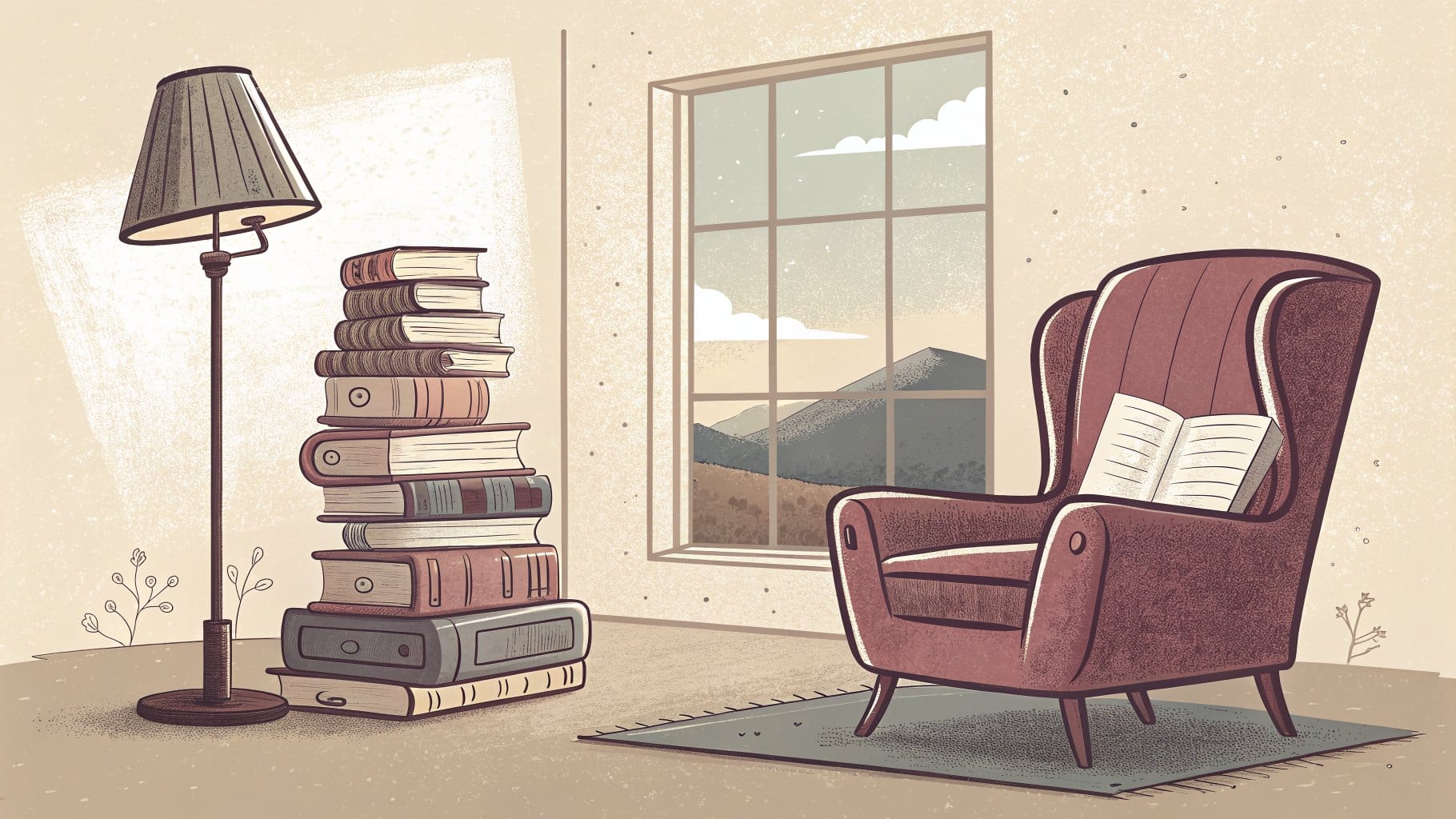 Ilustracja: stos książek podróżniczych, lampa i fotel przy oknie z widokiem na wzgórza