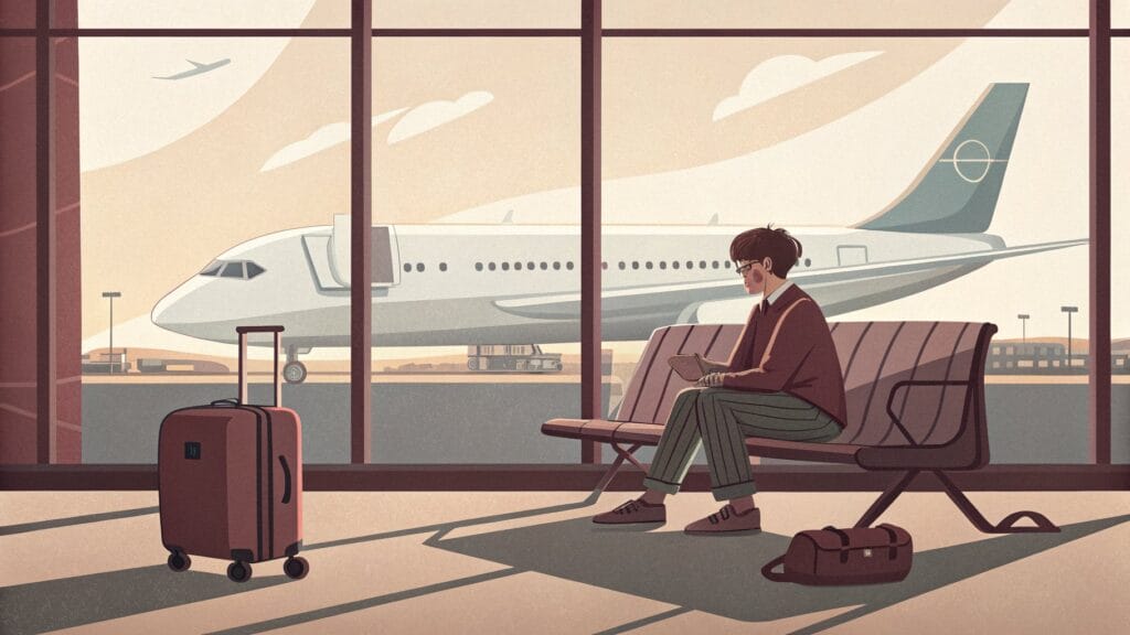 Ilustracja: podróżna czekająca na lotnisku przy oknie z widokiem na samolot