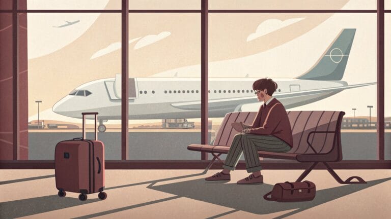 Ilustracja: podróżna czekająca na lotnisku przy oknie z widokiem na samolot