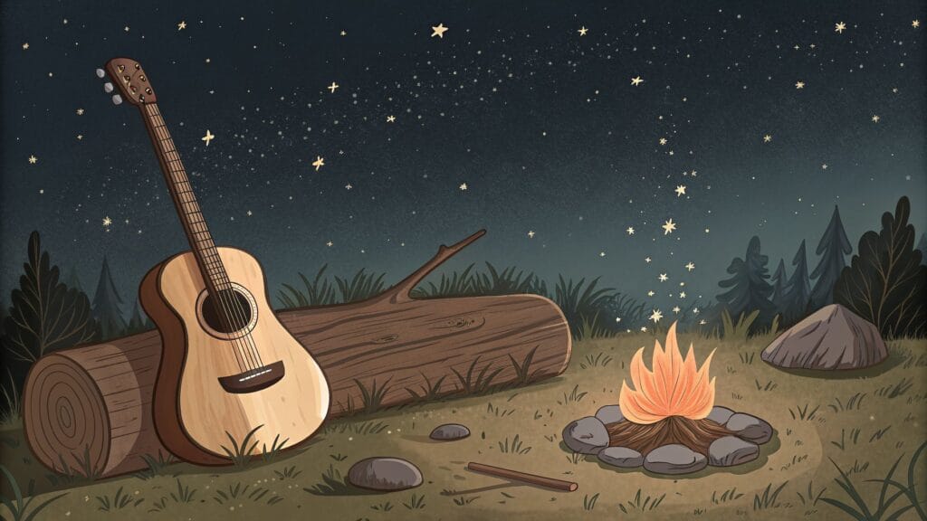 Ilustracja: gitara oparta o kłodę przy ognisku pod rozgwieżdżonym niebem