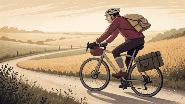 Ilustracja: rowerzysta z sakwami na wiejskiej drodze wśród pól
