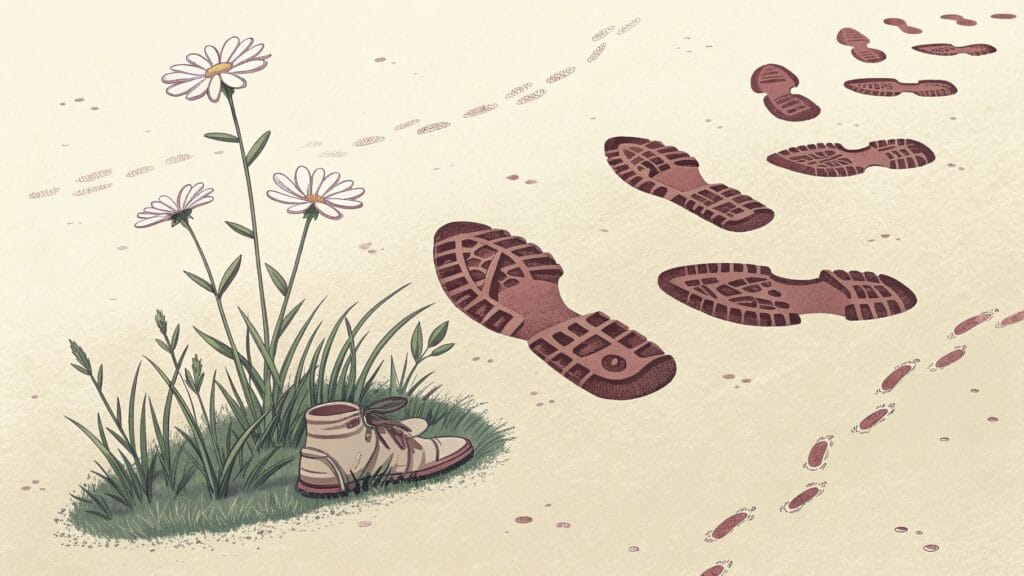 Ilustracja: ślady butów wokół samotnego kwiatu na wydeptanej trawie