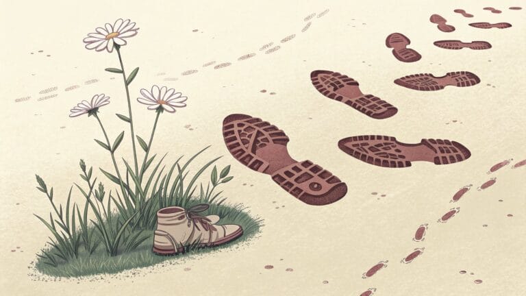 Ilustracja: ślady butów wokół samotnego kwiatu na wydeptanej trawie